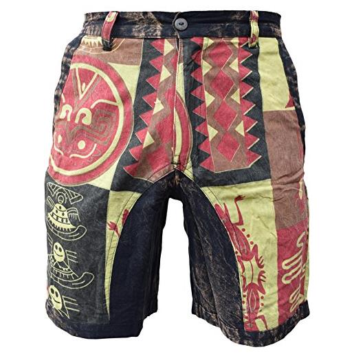 Gheri - pantaloncini da uomo in canapa con stampa etnica con tasche e bottone singolo e zip a s