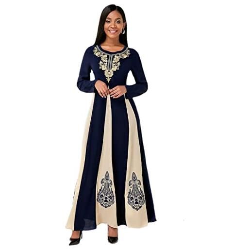Zadaos elegante vestito musulmano per le donne autunno o collo manica lunga islamico arabo abaya robe patchwork stampa turchia eid mubarak vestido blu scuro m