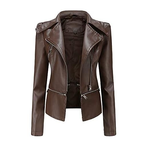 SCLDX giacche in finta pelle da donna - giacca in pu con risvolto slim da motociclista con zip e orlo rimovibile - cappotti casual a maniche lunghe di moda primavera autunno, marrone, 3xl