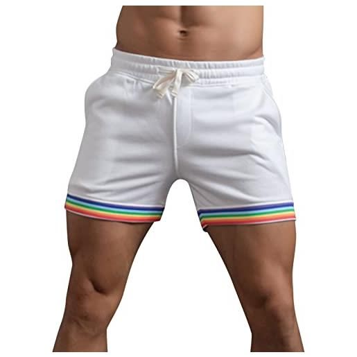 6131 magliette palestra fitness pantaloni estivi da uomo in tinta unita arcobaleno con coulisse tascabile, casual, allentati, da corsa, pantaloncini dritti, pantaloni ginnastica estivi (white, l)