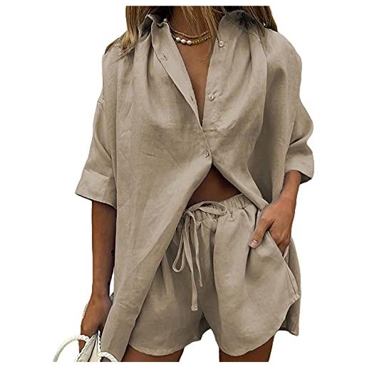 XIXIMAON donna completo estivo in lino 2 pezzi camicia ampia tinta unita con mezza manica shorts con coulisse e tasche set di abbigliamento casual (kaki, m)