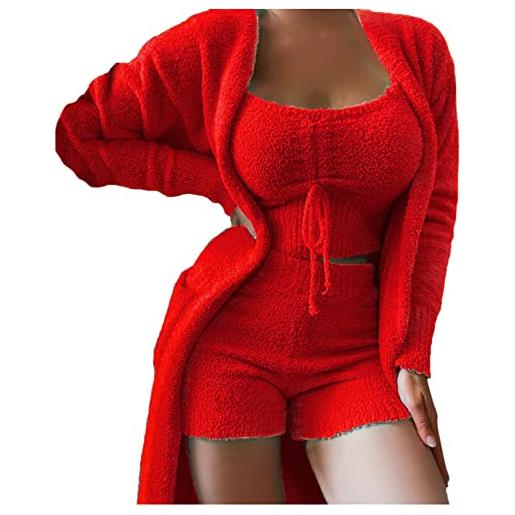 Generisch pigiama corto da donna, invernale, casual, abbigliamento sportivo, tinta unita, maniche lunghe, 3 pezzi, pigiama gatto, colore: rosso, xxl