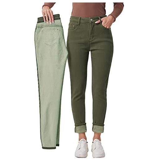 Fakanhui jeans termici invernali foderati in pile da donna indossano jeggings denim skinny pantaloni leggings, chiusura lampo verde, s