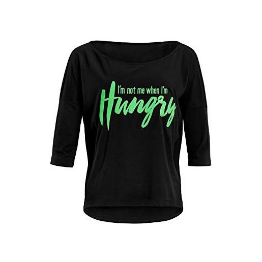 WINSHAPE damen ultra leichtes modal-3/4-arm shirt mcs001 mit neon grünem „i am not me when i am hungry" glitzer-aufdruck, maglietta da yoga donna, schwarz-neon-grün-glitzer, s