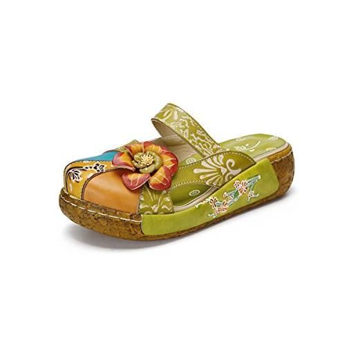POPOTI sandali estive donna, sandali zeppa ciabatte in pelle pantofole mocassini pompe boemia fiore eleganti slip-on flip flops sandali con tacco infradito spiaggia nuovo bassi scarpe (verde-1, 39)