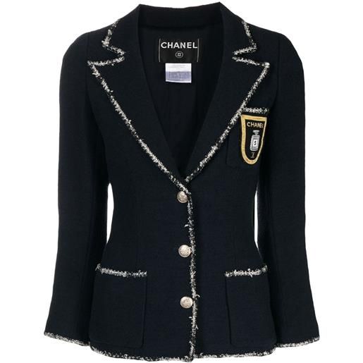 CHANEL Pre-Owned - giacca bouclé con applicazione 2005 - donna - cotone/lana/poliammide/seta/spandex/elastam - 38 - blu