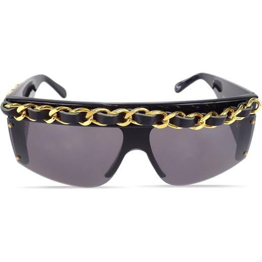 CHANEL Pre-Owned - occhiali da sole squadrati anni '80-'90 - donna - plastica/placcatura in oro/pelle - taglia unica - nero