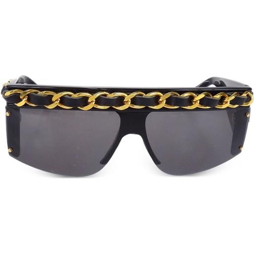 CHANEL Pre-Owned - occhiali da sole a maschera pre-owned anni '80-'90 - donna - plastica/placcatura in oro/pelle - taglia unica - nero