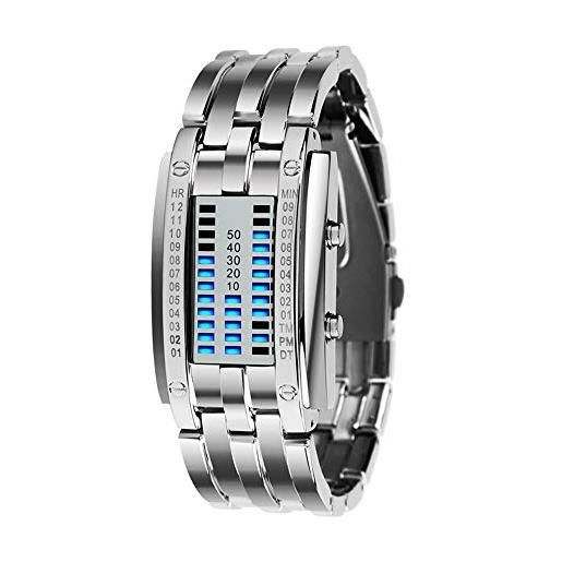 TONSHEN binario orologio da polso uomo donna blu led luminosità. Design unico moda argento acciaio inossidabile sportivo orologio (donna)