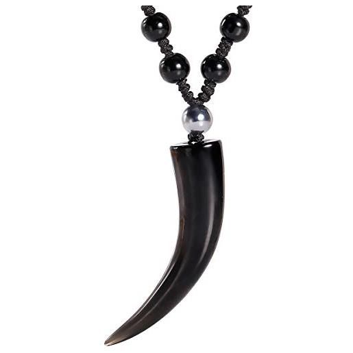 Jewboo collana in ossidiana nera, stile semplice, con ciondolo a forma di dente di lupo, pietra naturale curativa, con catenina estendibile, unisex, pietra, ossidiana