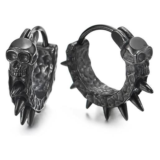 COOLSTEELANDBEYOND 2 cranio spike cerchio orecchini a cerchio, orecchini da uomo donna, nero acciaio inossidabile