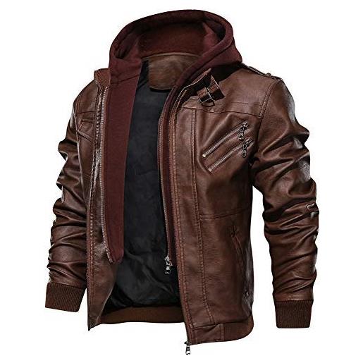 ZGHYBD mens casual pu leather hoodie jacket ，hooded motorcycle biker zip up coat outwear，men's faux leather bomber jacket with removable hood biker windbreaker coat m brown-b