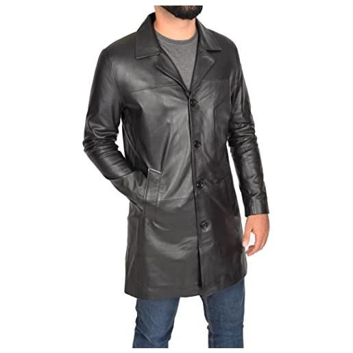 A1 FASHION GOODS giacca da uomo 3/4 lunga in pelle nera stile blazer classico trench soprabito jones, nero , xxl