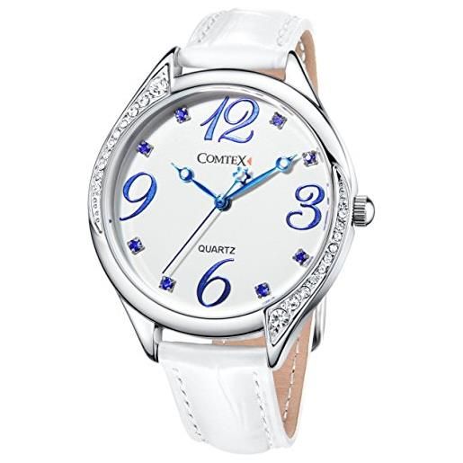 Comtex orologio analogico da polso da donna, cinturino in pelle, impermeabile (bianco(blu))