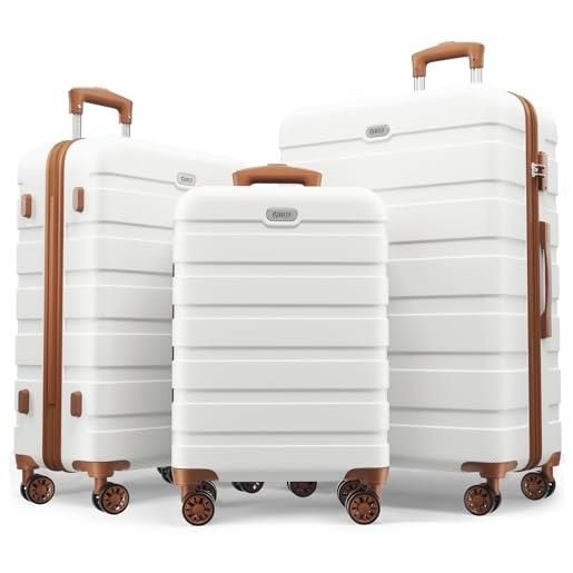 AnyZip set di 3 valigie rigide pc abs leggeri valigie da viaggio con chiusura tsa e 4 ruote doppie girevol （m-l-xl-set）(bianco-marrone, set)