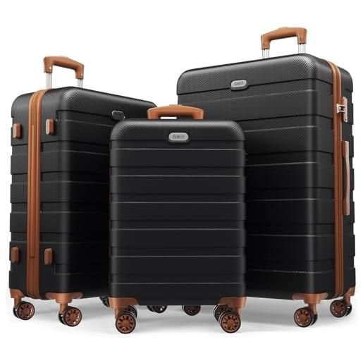 AnyZip set di 3 valigie rigide pc abs leggeri valigie da viaggio con chiusura tsa e 4 ruote doppie girevol （m-l-xl-set）(nero-marrone, set)