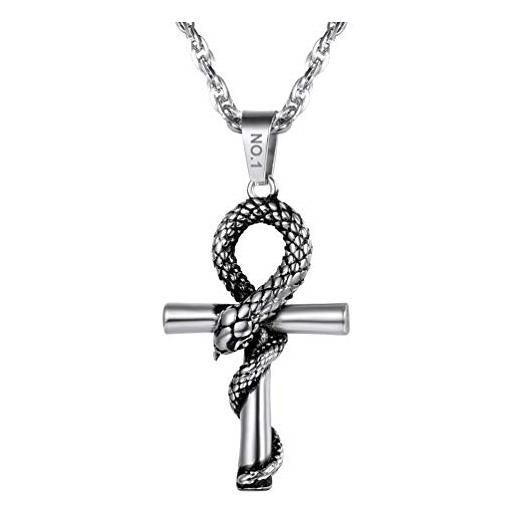 PROSTEEL collana personalizzata pendente di ankh cross con serpente in acciaio inossidabile, catena 55 60 cm regolabile, collana crocifissa egiziana, confezione regalo, argento