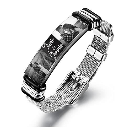 ALBERTBAND bracciale personalizzato con incisione foto targhetta identificativa in acciaio nero bracciale regolabile bracciale regolabile per uomo donna san valentino regalo di gioielli (#4foto)