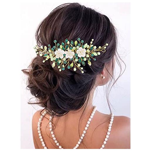 Ushiny cerchietto per capelli da sposa con fiori e strass color oro, accessorio per capelli da sposa per donne e ragazze