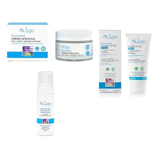 Lepo kit crema specifica 50 ml + pulizia attiva 3 fasi 100ml + mousse viso detergente purificante. 