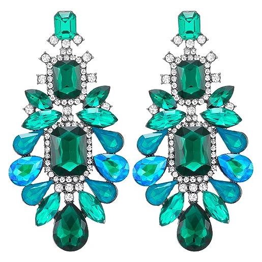 COOLSTEELANDBEYOND art deco barocco grande orecchini cristallo strass cluster, colore di smeraldo verde turchese, alla moda
