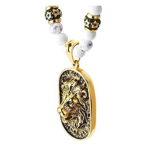 COOLSTEELANDBEYOND stile gotico uomo collana di bianco pietre sintetiche perle con oro nero acciaio testa di leone scudo pendente