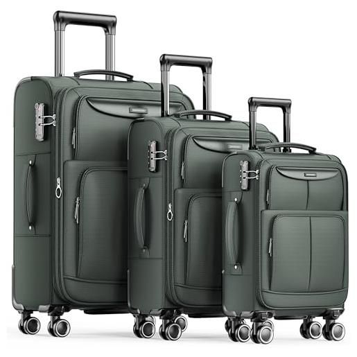 SHOWKOO set valige morbide 3 pezzi espandibile cabina valigia da viaggio trolley di stoffa leggero ultra durevole con lucchetto tsa e 4 ruote doppie (m-l-xl, verde)