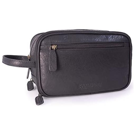 Bucklestone - beauty case da viaggio in pelle - borsa da toilette media - necessaire uomo - wash bag - borsa pochette per cosmetici - durham - nero