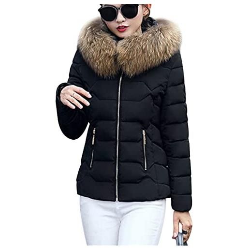 OMZIN giacca invernale con cappuccio di pelliccia donna caldo con tasche piumino giacca corta caldo con tasca giacche con cappuccio nero m