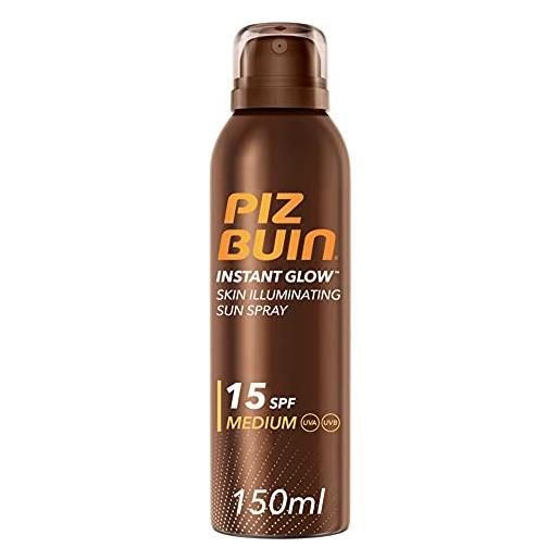 Piz Buin, spray solare illuminatore della pelle, instant glow, 15 spf, protezione solare media, assorbimento rapido, non contiene autoabbronzante, 150 ml