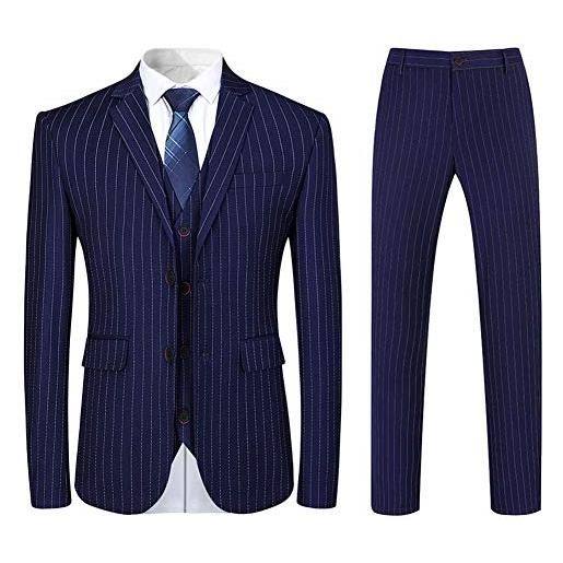 YOUTHUP abito uomo striscia verticale 3 pezzi da completo slim fit formali d'affari blazer gilet pantaloni blu scuro, xxl