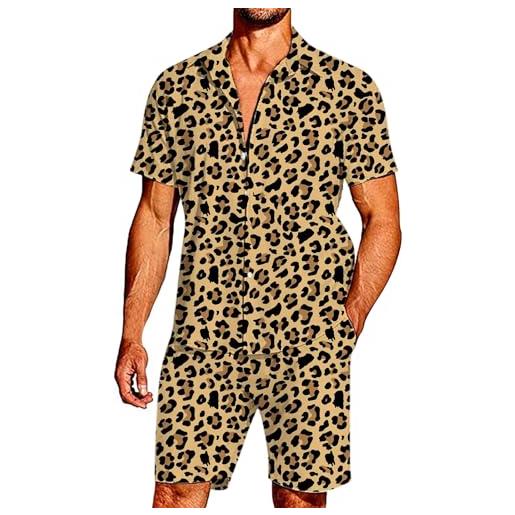 Caxndycing set di 2 pezzi da uomo, con stampa elasticizzata, stile hipster, stampa leopardata, traspirante, camicia hawaiana da uomo, a maniche corte, set di pantaloncini alla moda streetwear beanch, 