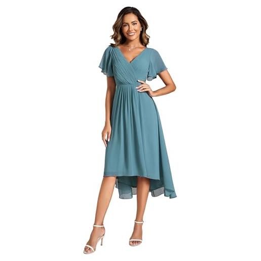 Ever-Pretty vestito elegante donna midi high low collo a v chiffon manica corta gonne estive donna rosa 44