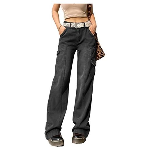 Yokbeer y2k indie estetica vintage pantaloni a vita bassa anni 2000 jeans a vita bassa a zampa pantaloni in denim abiti autunnali retrò (color: black, size: s)
