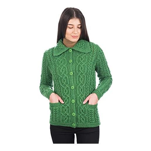 SAOL - cardigan irlandese da donna in 100% lana merino, maglia celtica, con tasche - verde - l
