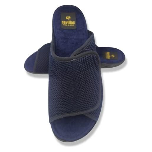 SEVILLAS pantofole larghe per piedi delicati - velcro regolabile - antibatterico - piedi diabetici sensibili gonfiati e gonfiati - made in italy, blu marino velcro, 45 eu