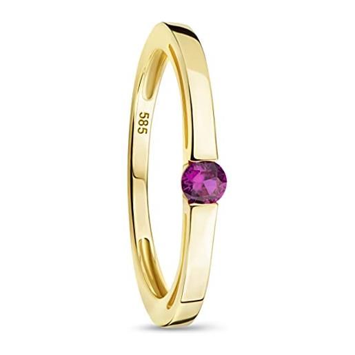 OROVI anello di fidanzamento da donna in oro giallo 14 carati (585) con solitario rubino/zaffiro a taglio rotondo - anello solitario per fidanzamento - gioielli da donna ipoallergenici e fatti a mano, 