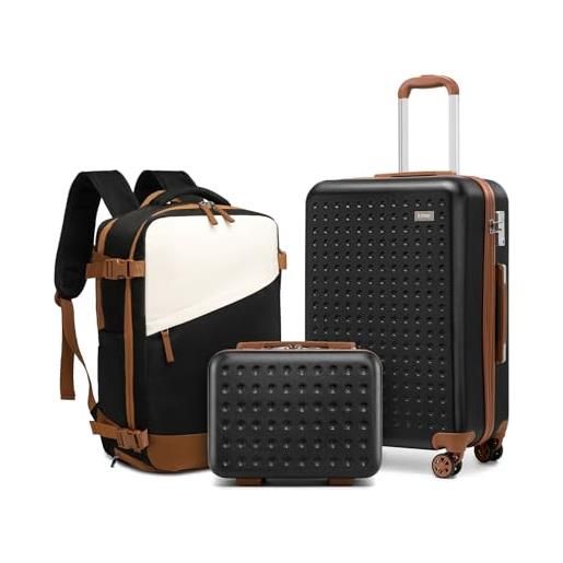 KONO set di 3 valigie rigida 31/55cm +zaino da viaggio aereo piccolo borsa da cabina valigia bagaglio con tsa lucchetto e 4 ruote girevoli (nero)