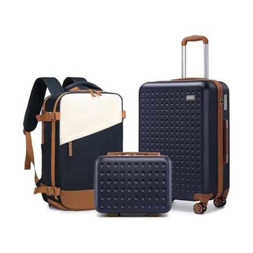 KONO set di 3 valigie rigida 31/55cm +zaino da viaggio aereo piccolo borsa da cabina valigia bagaglio con tsa lucchetto e 4 ruote girevoli (marina militare)