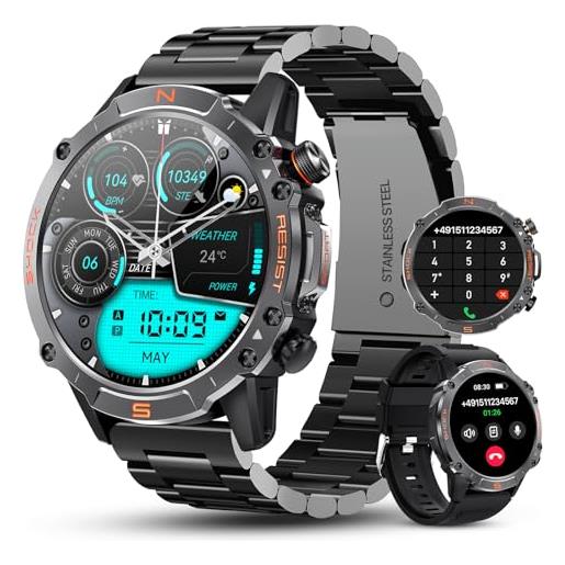 WalkerFit smartwatch uomo chiamate bluetooth, 1.43 amoled militare orologio smartwatch uomo con 2 cinturini, fitness smart watch con batteria 410mah/contapassi/ip68 impermeabile/cardiofrequenzimetro