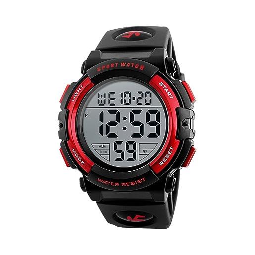 LIFEJXWEN orologio sportivo digitale da uomo, orologio digitale da polso orologio sportivo uomo impermeabile 5atm con retroilluminazione a led, cronometro, sveglia e timer (rosso)
