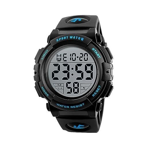 LIFEJXWEN orologio sportivo digitale da uomo, orologio digitale da polso orologio sportivo uomo impermeabile 5atm con retroilluminazione a led, cronometro, sveglia e timer (blu)