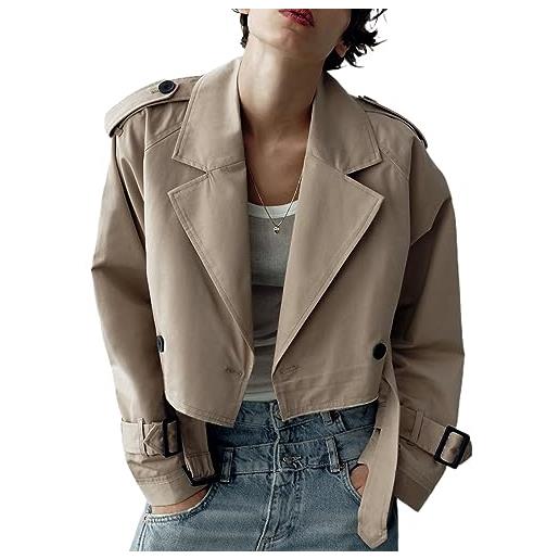 Geagodelia cappotto corto da donna autunnale doppiopetto crop cappotto classico antivento giacca corta con cintura per autunno trenchcoat (cachi, s)