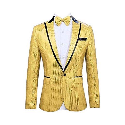 Botong one button peak lapel giacca da uomo monopetto con paillettes smoking blazer prom party coat giacca performence, giallo, 52