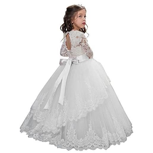 PLWEDDING pizzo maniche lunghe abito ragazza floreale abito da principessa tulle per bambini abiti prima com, bianco, 6-7 anni