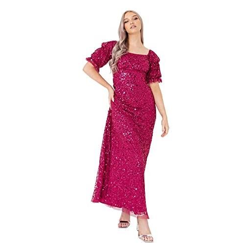 Maya Deluxe ladies maxi sequin embellished dress for women wedding guest puffed short sleeves long square neckline high waist purple, vestito donna, raspberry, 