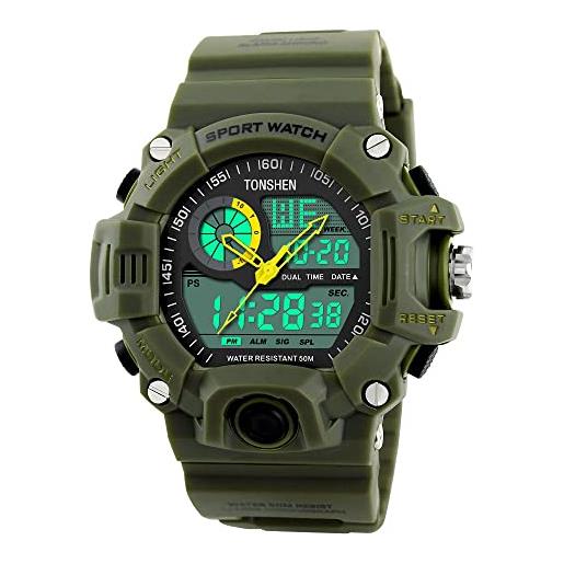 TONSHEN sportivo digitale orologi da uomini outdoor led elettronico militare 50m impermeabile 12h/24h tempo dual time cronometro controluce quarzo calendario date day orologio da polso da uomo (verde)