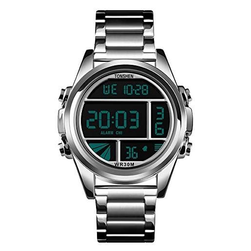 TONSHEN uomo fashion acciaio inossidabile digitale orologio led elettronico allarme cronometro controluce casual moda orologi da polso (argento)