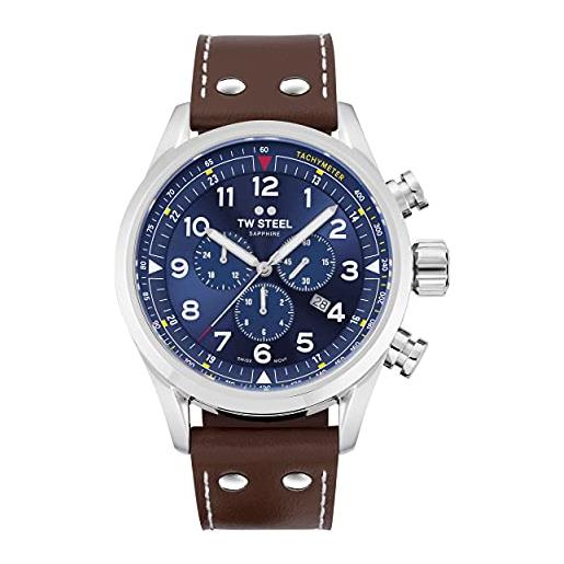 TW Steel swiss volante mens 48mm quartz watch with blue dial brown leather strap, and date calendar svs201