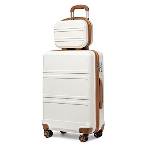 KONO set di 2 valigia bagaglio a mano 55cm con 4 ruote rotanti con lucchetto tsa e rigida borsa da toilette (bianco crema)